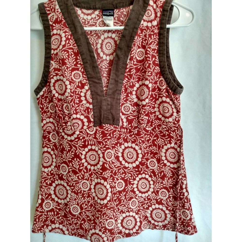 Patagonia Women's Sleeveless Red Floral Top Hemp Cotton Size 8 Tie back